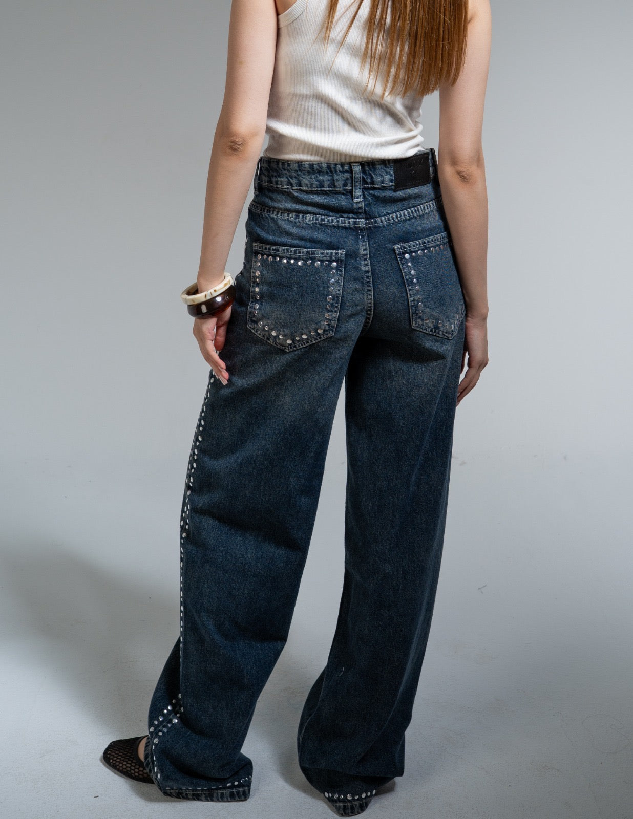 Studded Dirty Wash Straight Jeans