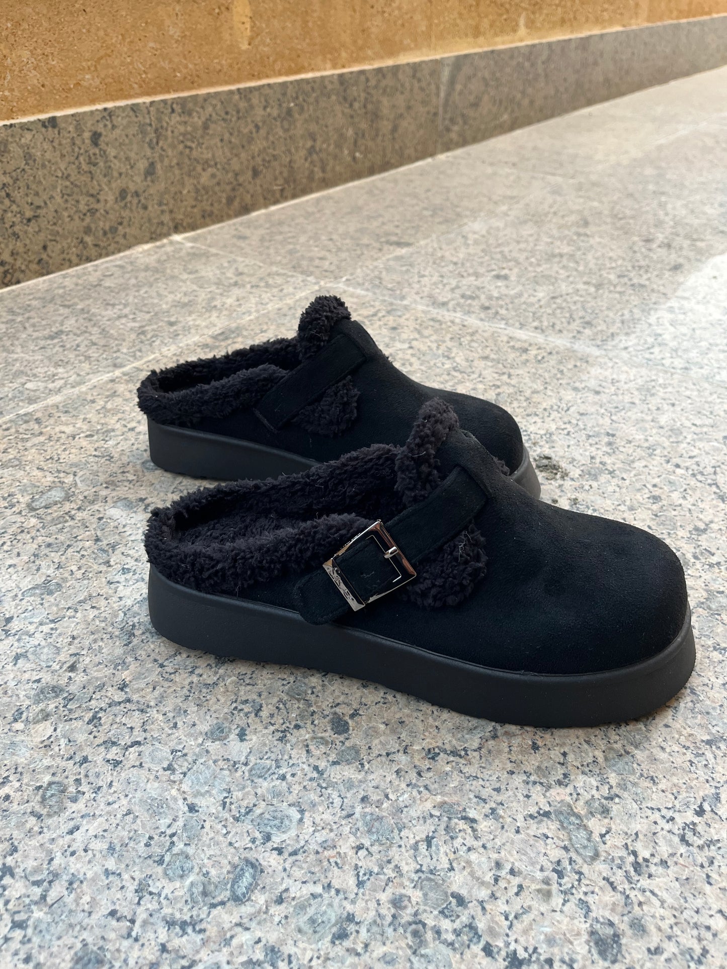 Black Fur Clogs