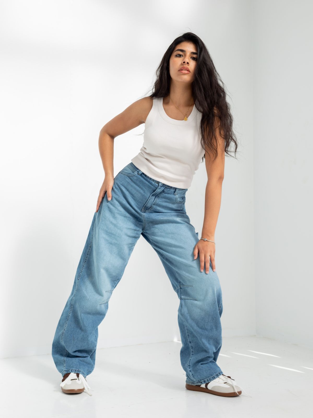 High Waist Medium Blue Wash Baggy Jeans