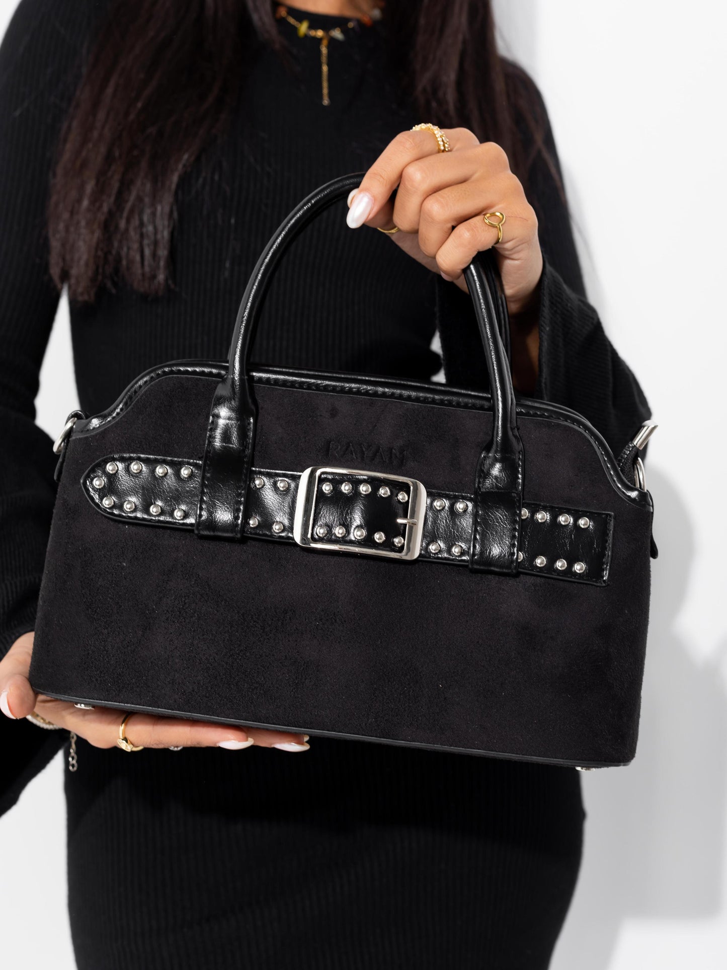 Suede Black Studded Buckle Bag