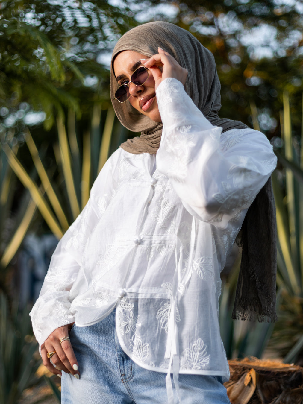 White Floral Chinese Blouse