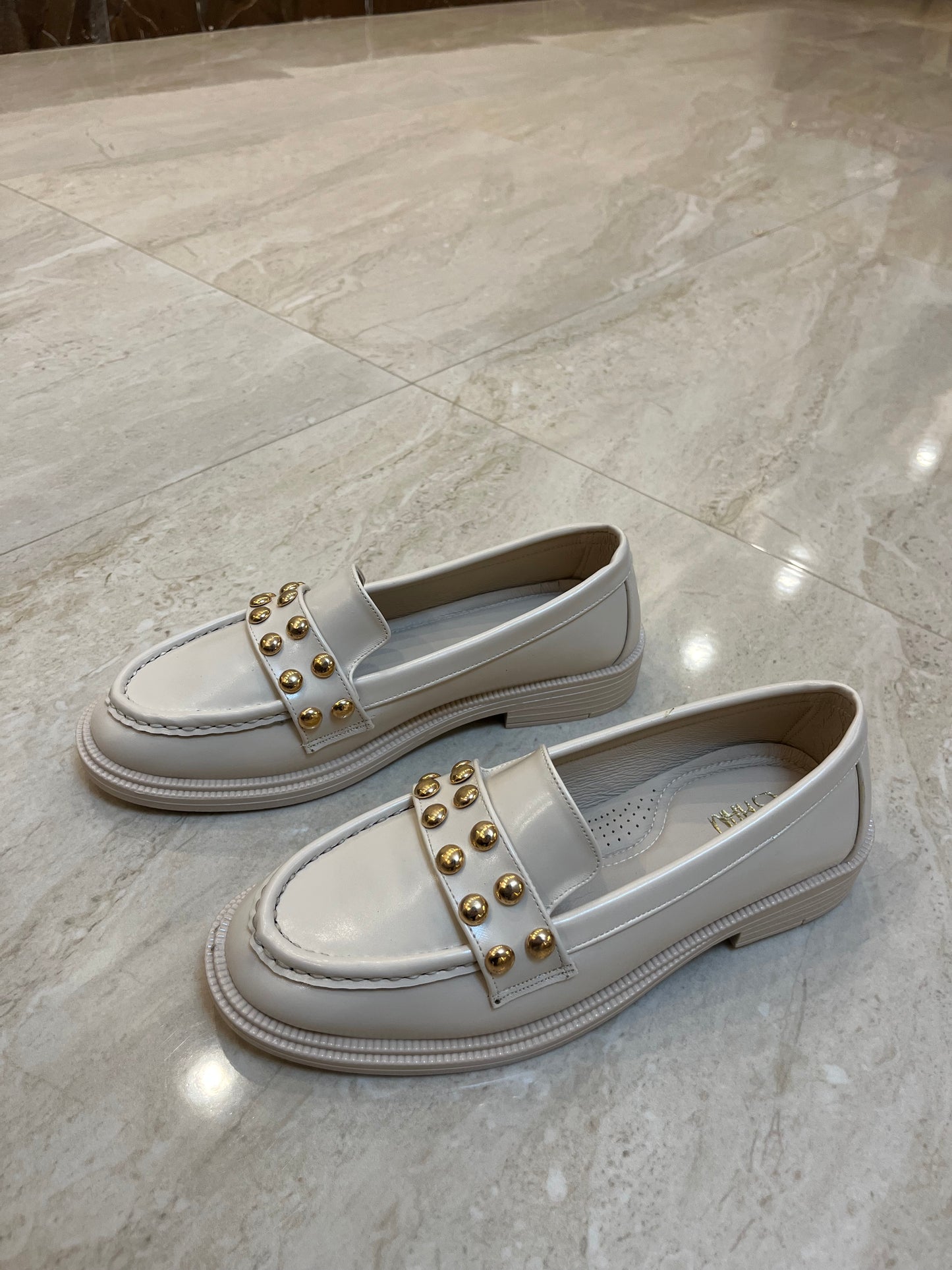 Beige Studded Loafers