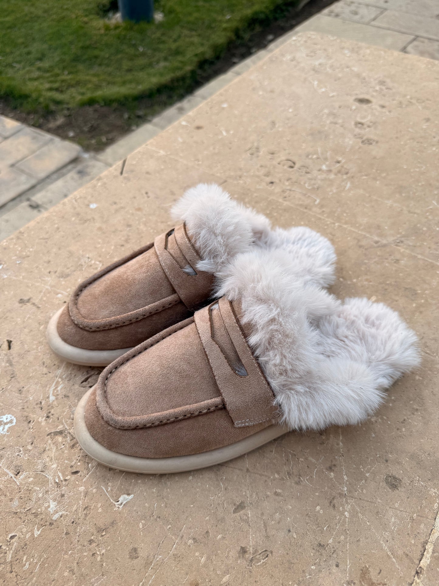 Beige Fur Mules