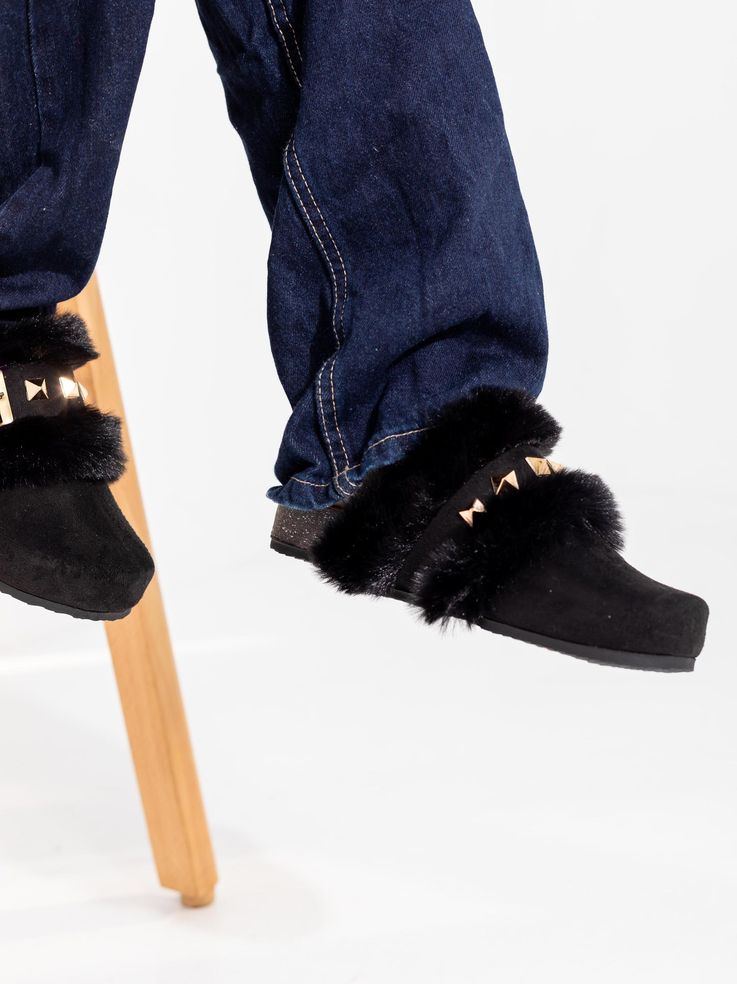 Black Studded Fur Clogs