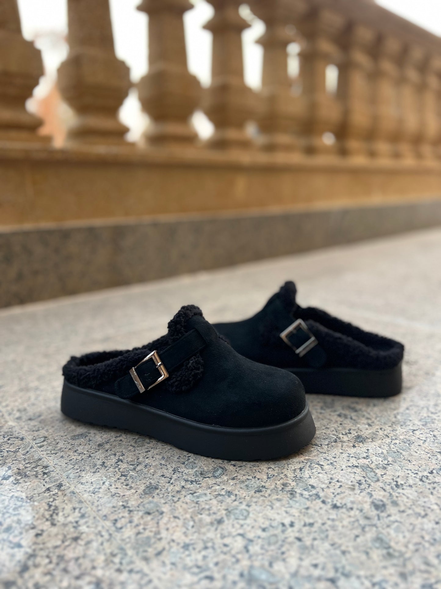 Black Fur Clogs