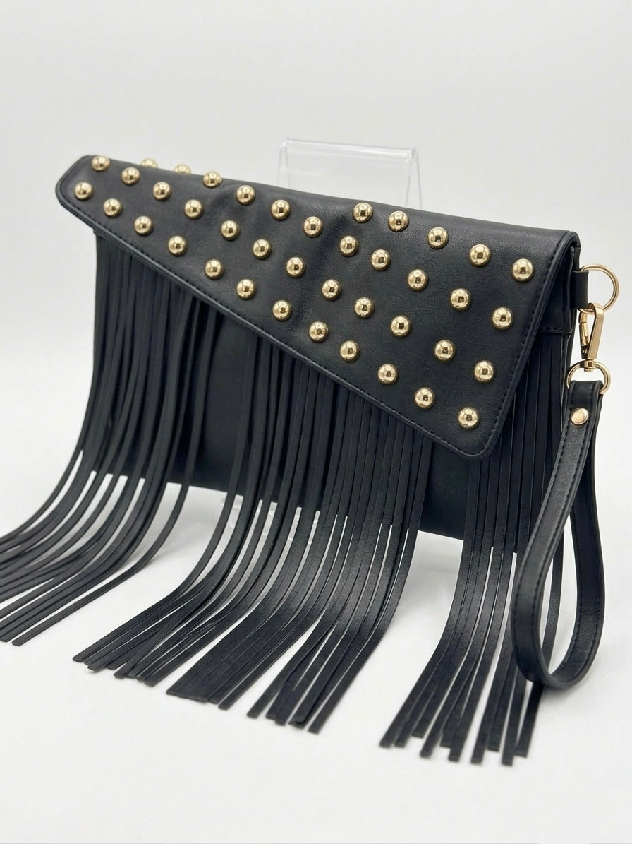 Black Studded Fringe Clutch