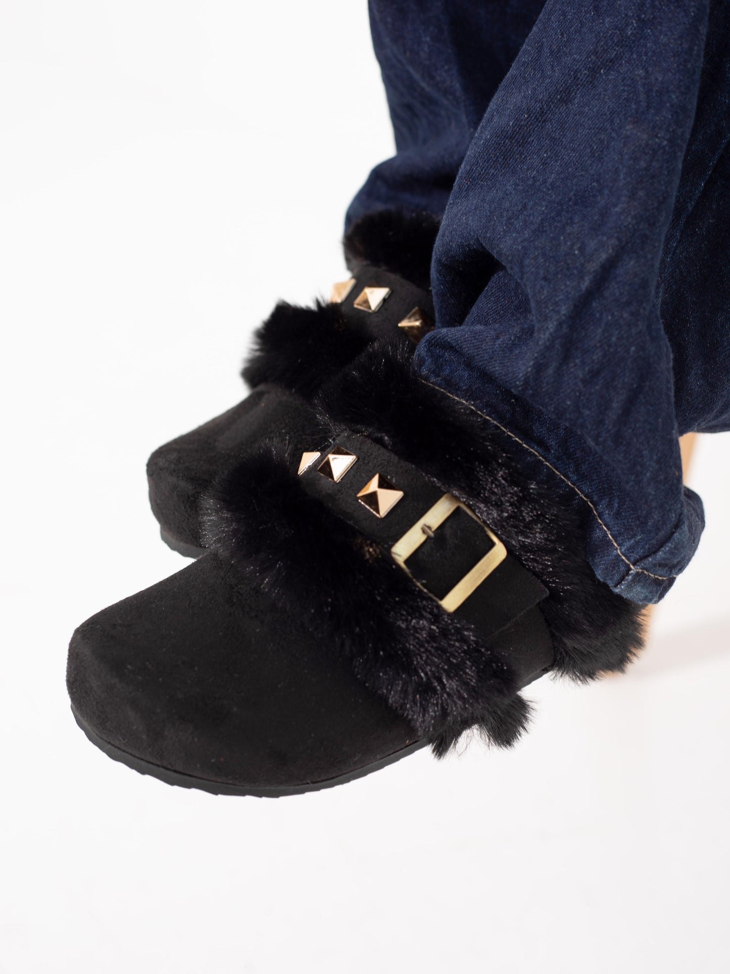 Black Studded Fur Clogs