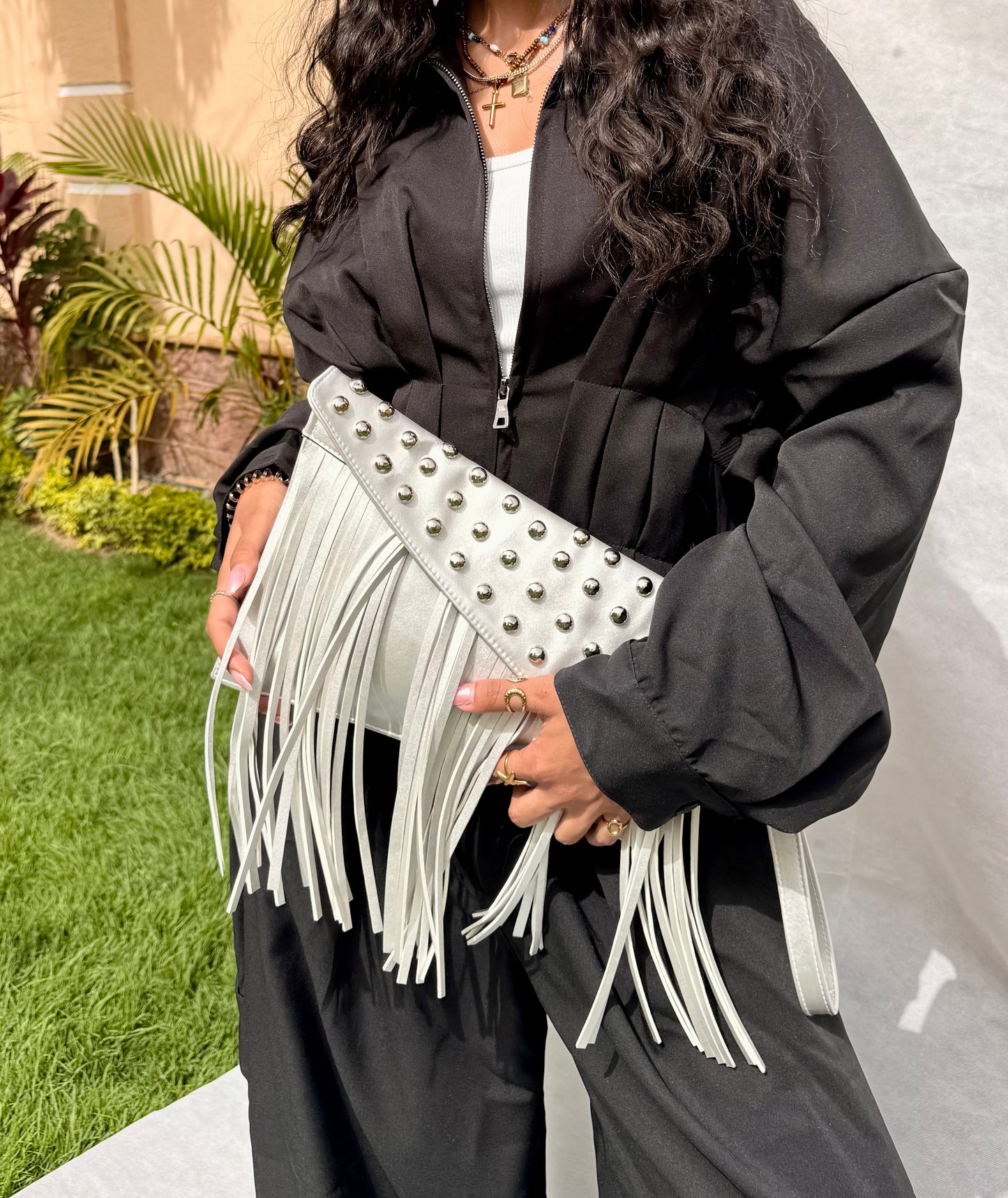 Silver Studded Fringe Clutch