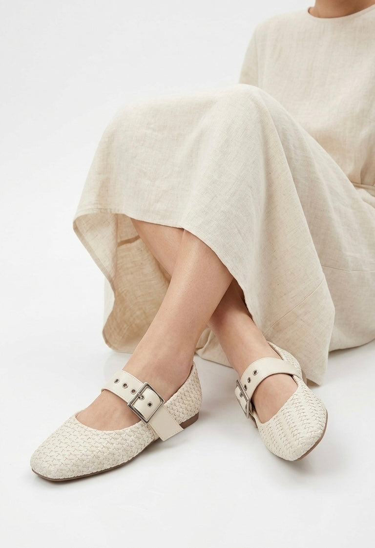 Beige Braided Mary Jane Ballerinas
