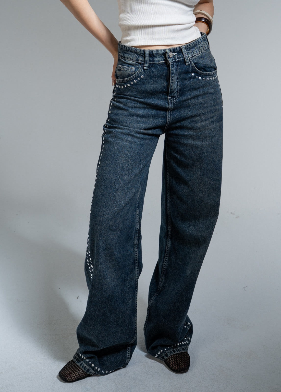 Studded Dirty Wash Straight Jeans
