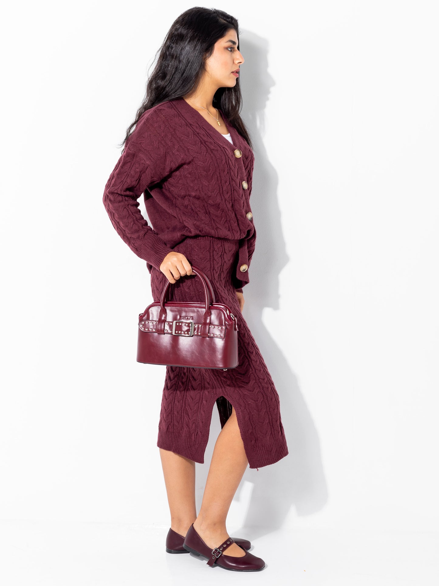 Burgundy Studded Buckle Bag