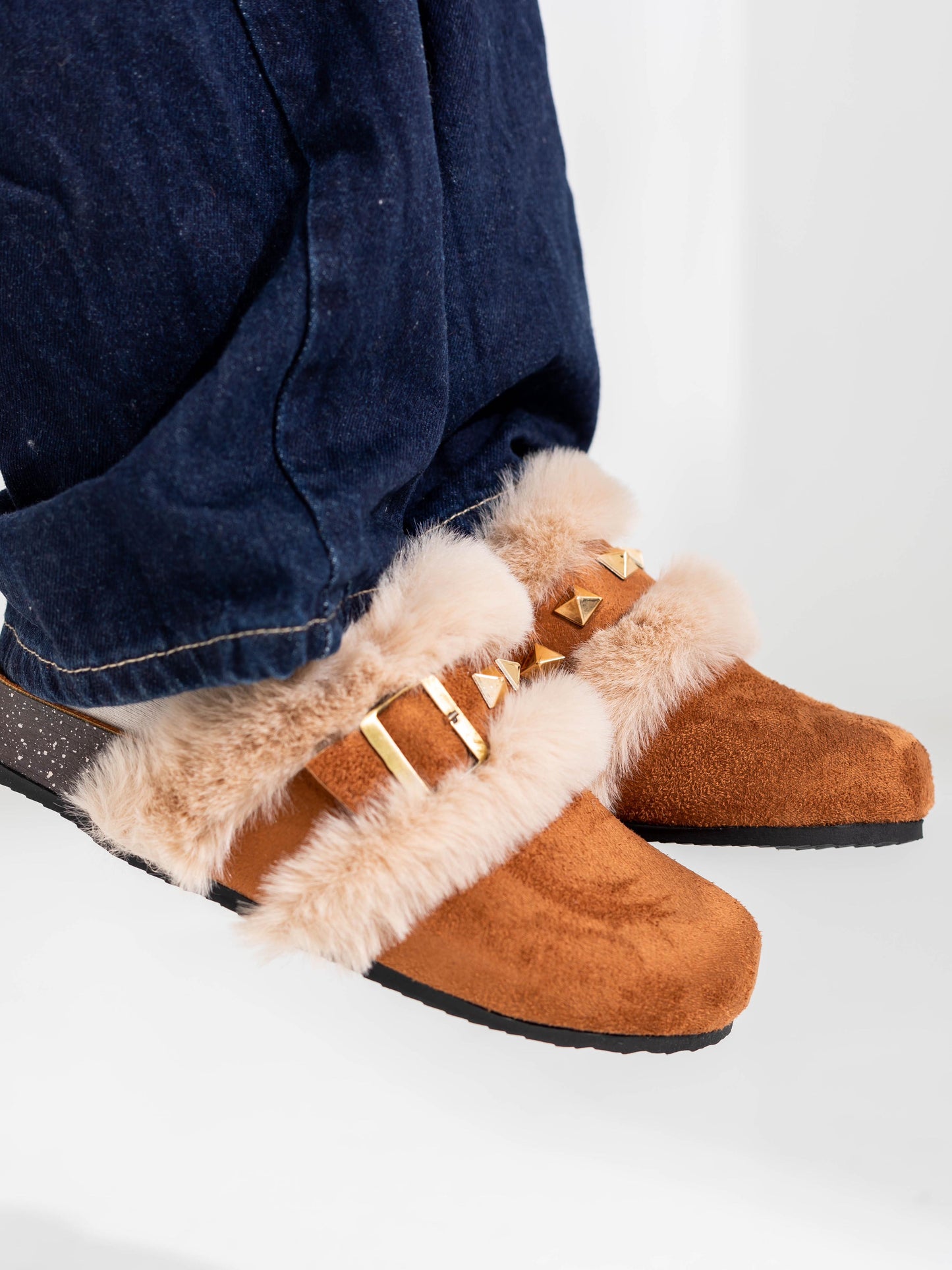 Camel Studded Fur Clogs