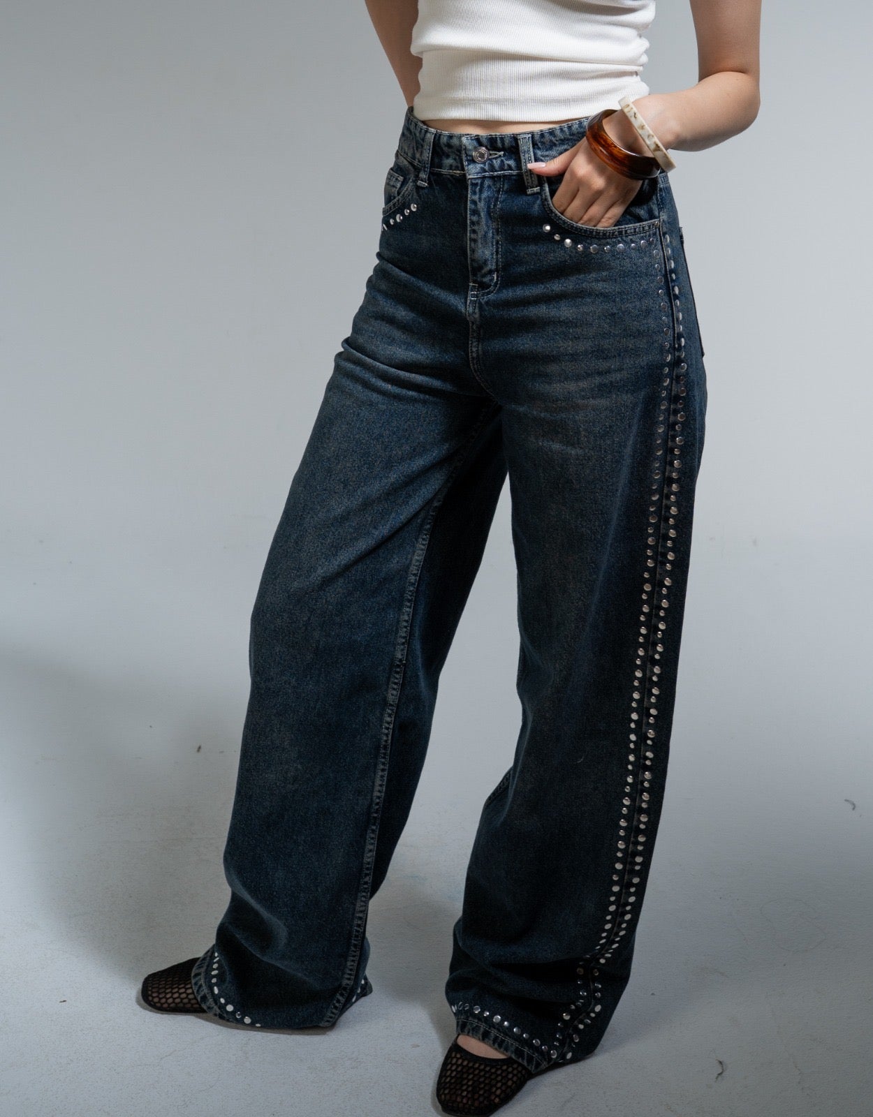Studded Dirty Wash Straight Jeans