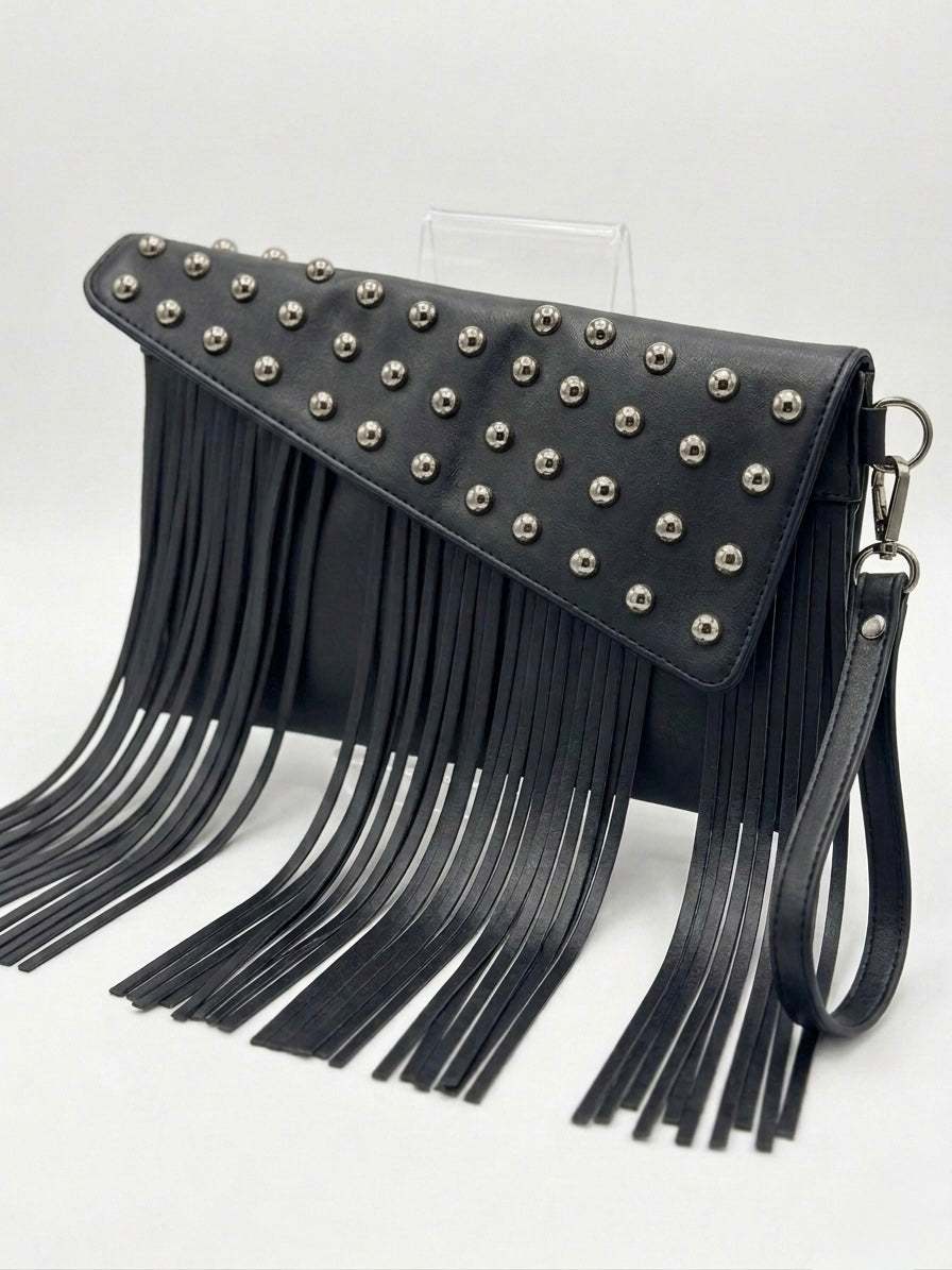 Black Studded Fringe Clutch
