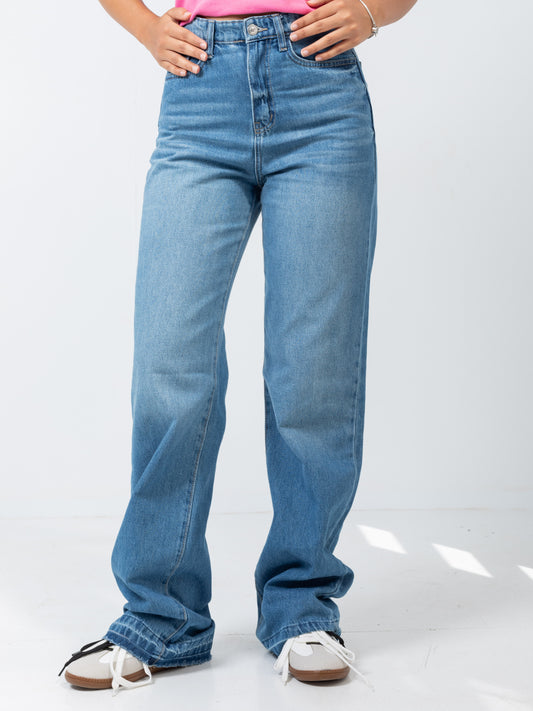 High Waist Medium Blue Wash Straight Jeans