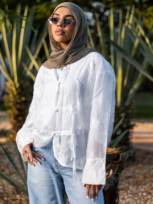 White Floral Chinese Blouse