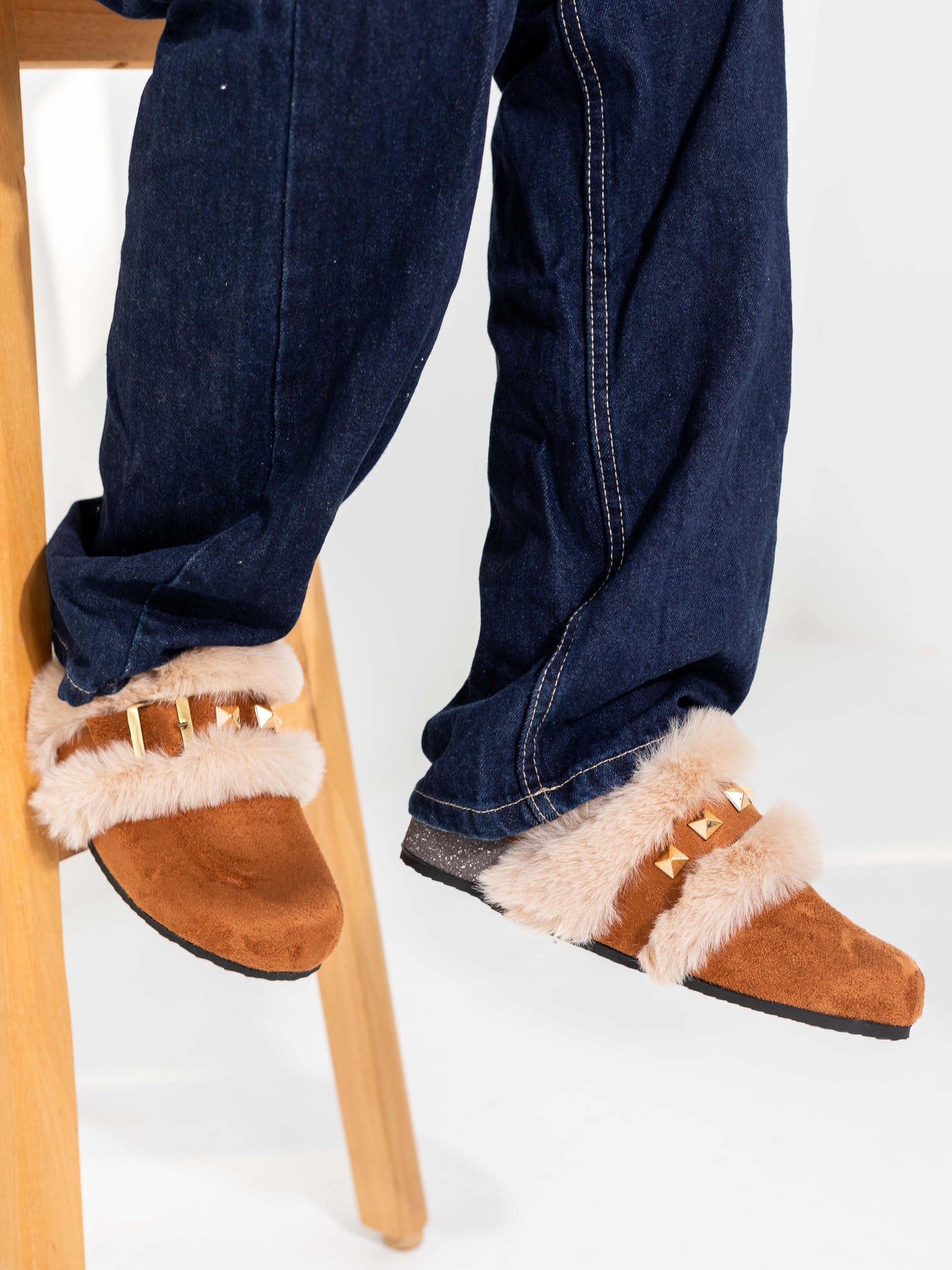 Camel Studded Fur Clogs
