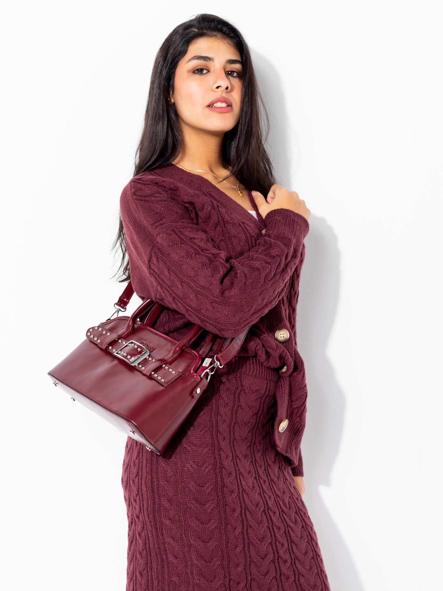 Burgundy Studded Buckle Bag