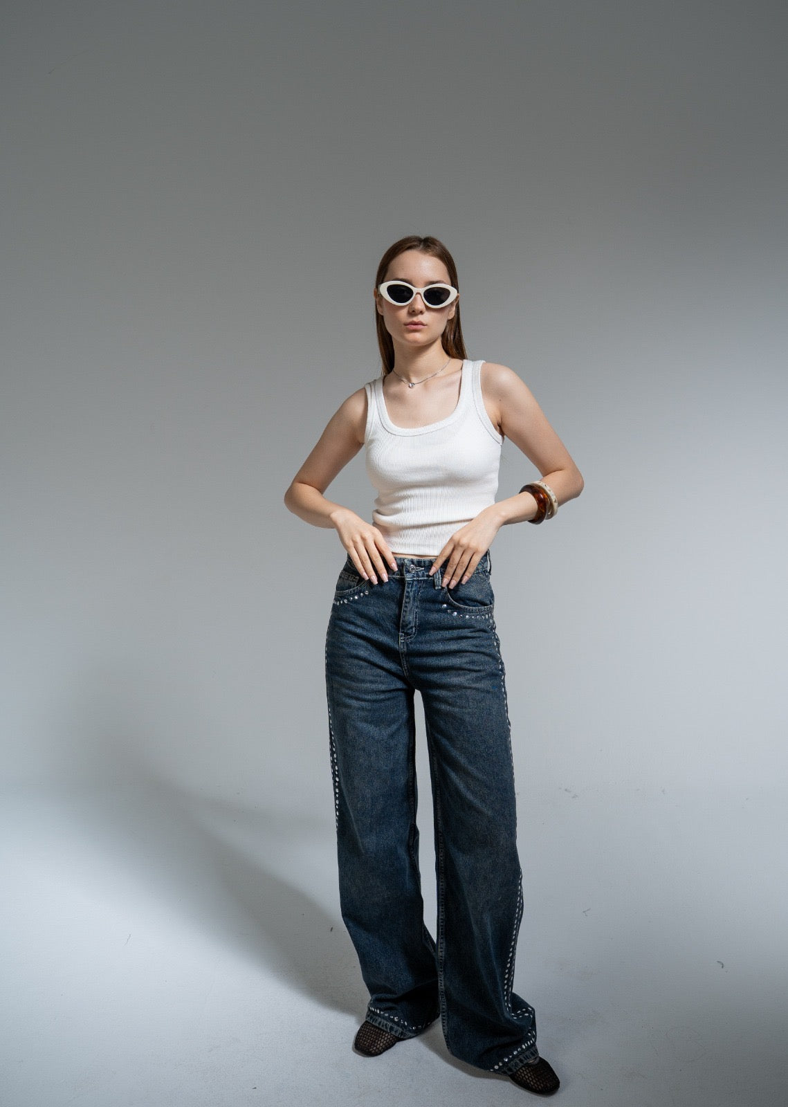 Studded Dirty Wash Straight Jeans