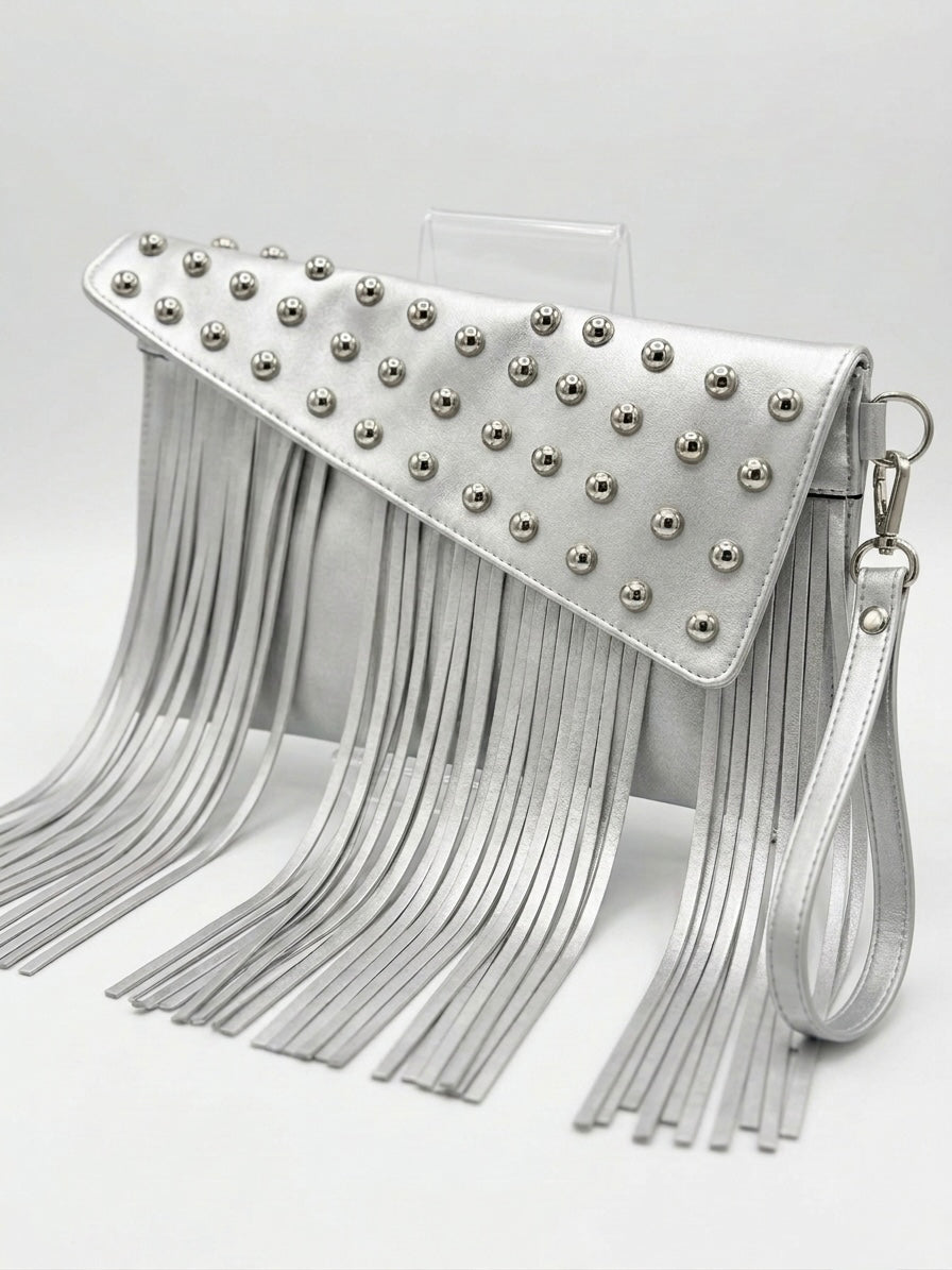 Silver Studded Fringe Clutch